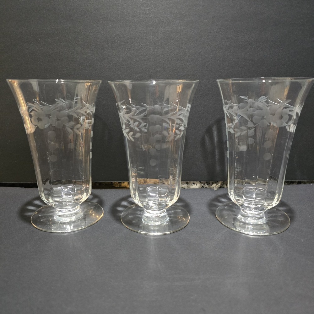Set Of 3 Footed Ice Tea Goblet 5.5in Blown Glass Etched Flower Crystal Clear
